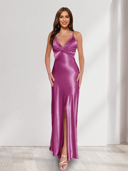 Sheath/Column Straps V-Neck Pleated Long Bridesmaid Dresses with Split Side