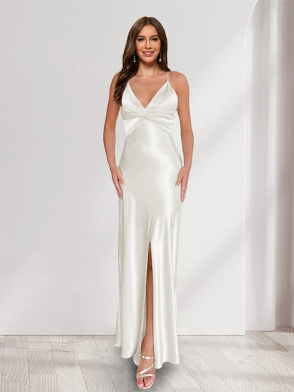 Sheath/Column Straps V-Neck Pleated Long Bridesmaid Dresses with Split Side