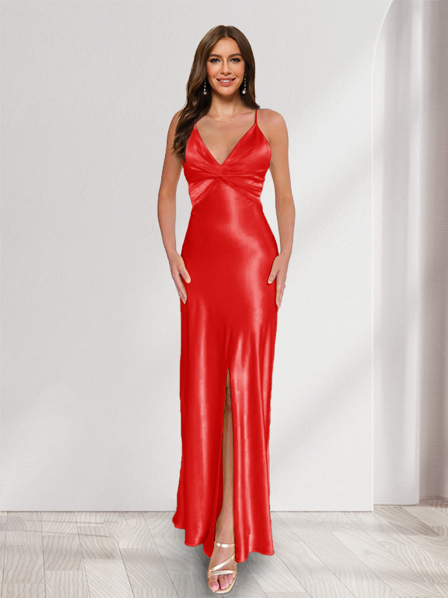 Sheath/Column Straps V-Neck Pleated Long Bridesmaid Dresses with Split Side