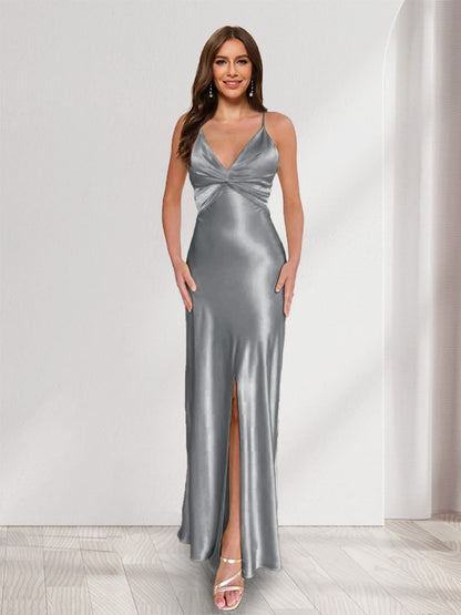 Sheath/Column Straps V-Neck Pleated Long Bridesmaid Dresses with Split Side