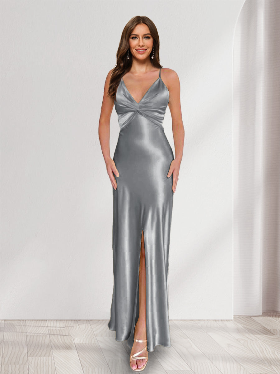 Sheath/Column Straps V-Neck Pleated Long Bridesmaid Dresses with Split Side