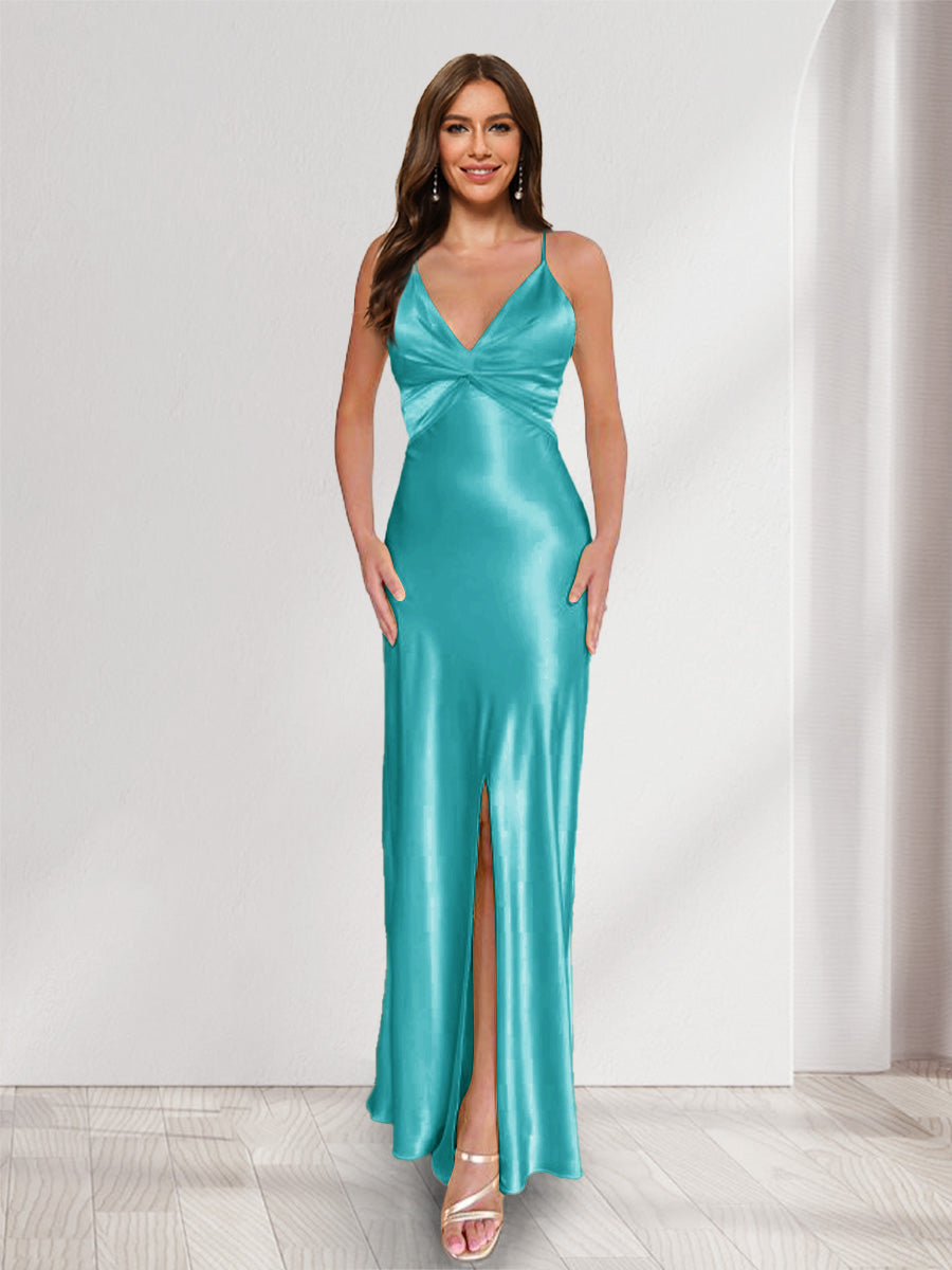 Sheath/Column Straps V-Neck Pleated Long Bridesmaid Dresses with Split Side