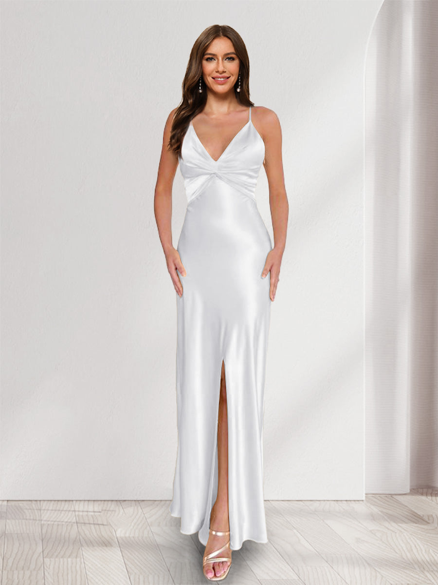 Sheath/Column Straps V-Neck Pleated Long Bridesmaid Dresses with Split Side