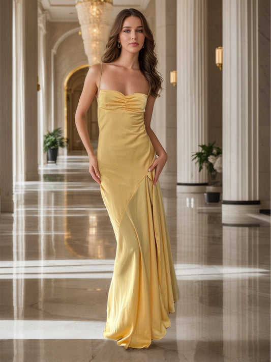 Sheath/Column Spaghetti Straps Pleated Maxi Dresses Long Party Dresses with Split Side