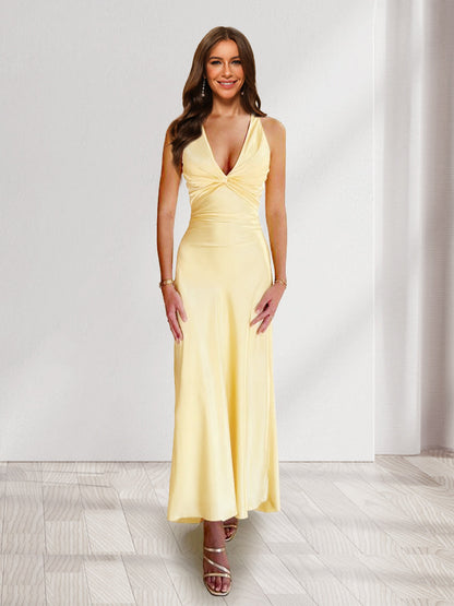 Sheath/Column Deep V-Neck Pleated Long Bridesmaid Dresses with Bow Back