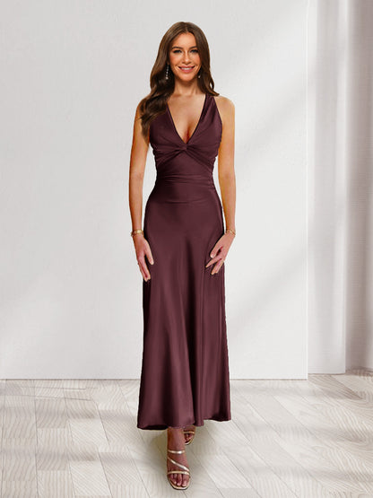 Sheath/Column Deep V-Neck Pleated Long Bridesmaid Dresses with Bow Back