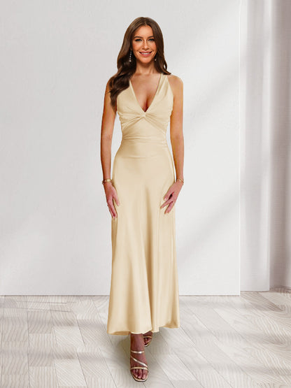 Sheath/Column Deep V-Neck Pleated Long Bridesmaid Dresses with Bow Back