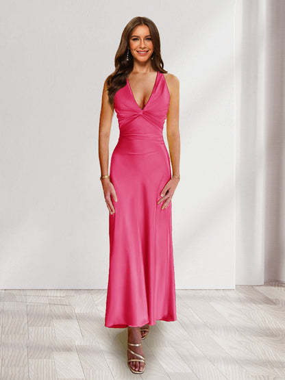 Sheath/Column Deep V-Neck Pleated Long Bridesmaid Dresses with Bow Back