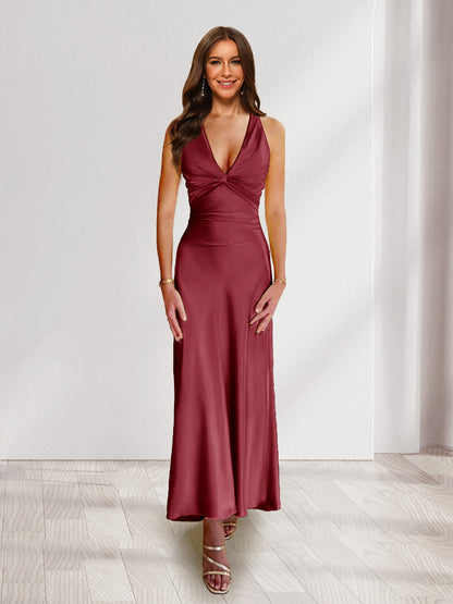 Sheath/Column Deep V-Neck Pleated Long Bridesmaid Dresses with Bow Back