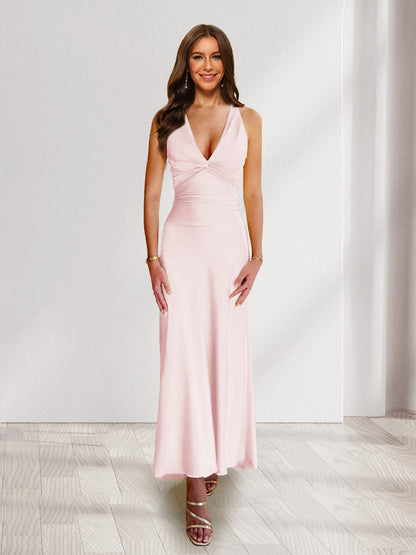 Sheath/Column Deep V-Neck Pleated Long Bridesmaid Dresses with Bow Back
