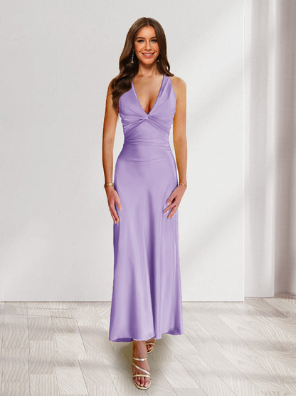Sheath/Column Deep V-Neck Pleated Long Bridesmaid Dresses with Bow Back