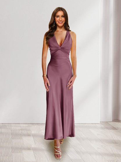 Sheath/Column Deep V-Neck Pleated Long Bridesmaid Dresses with Bow Back