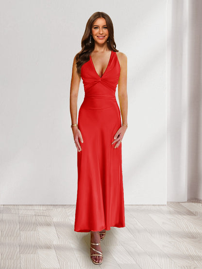 Sheath/Column Deep V-Neck Pleated Long Bridesmaid Dresses with Bow Back