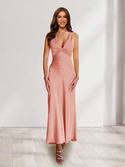 Sheath/Column Deep V-Neck Pleated Long Bridesmaid Dresses with Bow Back