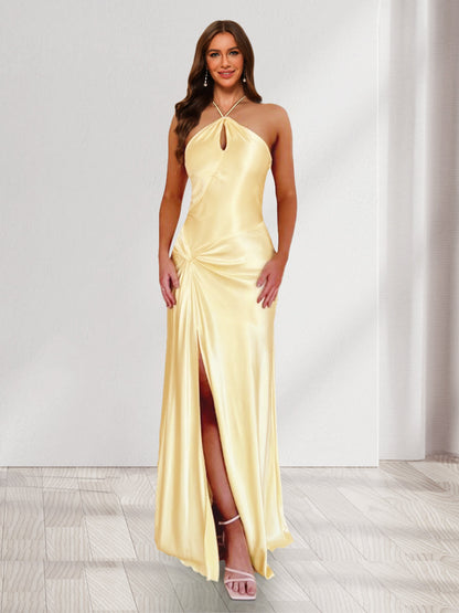 Sheath/Column Halter Keyhole Ruched Long Bridesmaid Dresses with Split Side