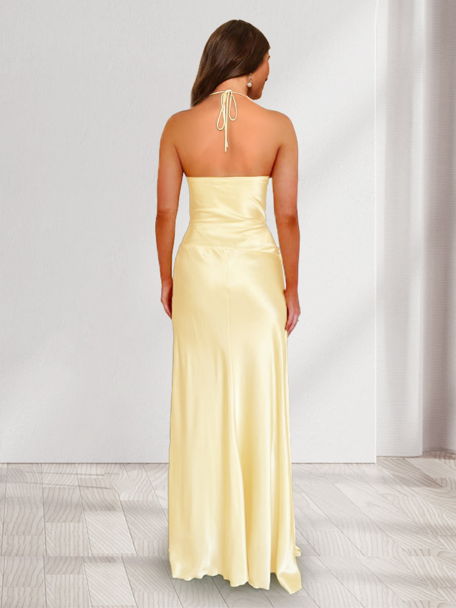 Sheath/Column Halter Keyhole Ruched Long Bridesmaid Dresses with Split Side