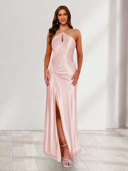 Sheath/Column Halter Keyhole Ruched Long Bridesmaid Dresses with Split Side
