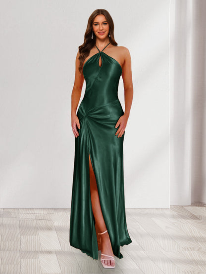 Sheath/Column Halter Keyhole Ruched Long Bridesmaid Dresses with Split Side