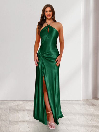 Sheath/Column Halter Keyhole Ruched Long Bridesmaid Dresses with Split Side