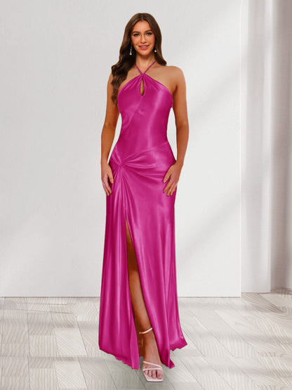Sheath/Column Halter Keyhole Ruched Long Bridesmaid Dresses with Split Side