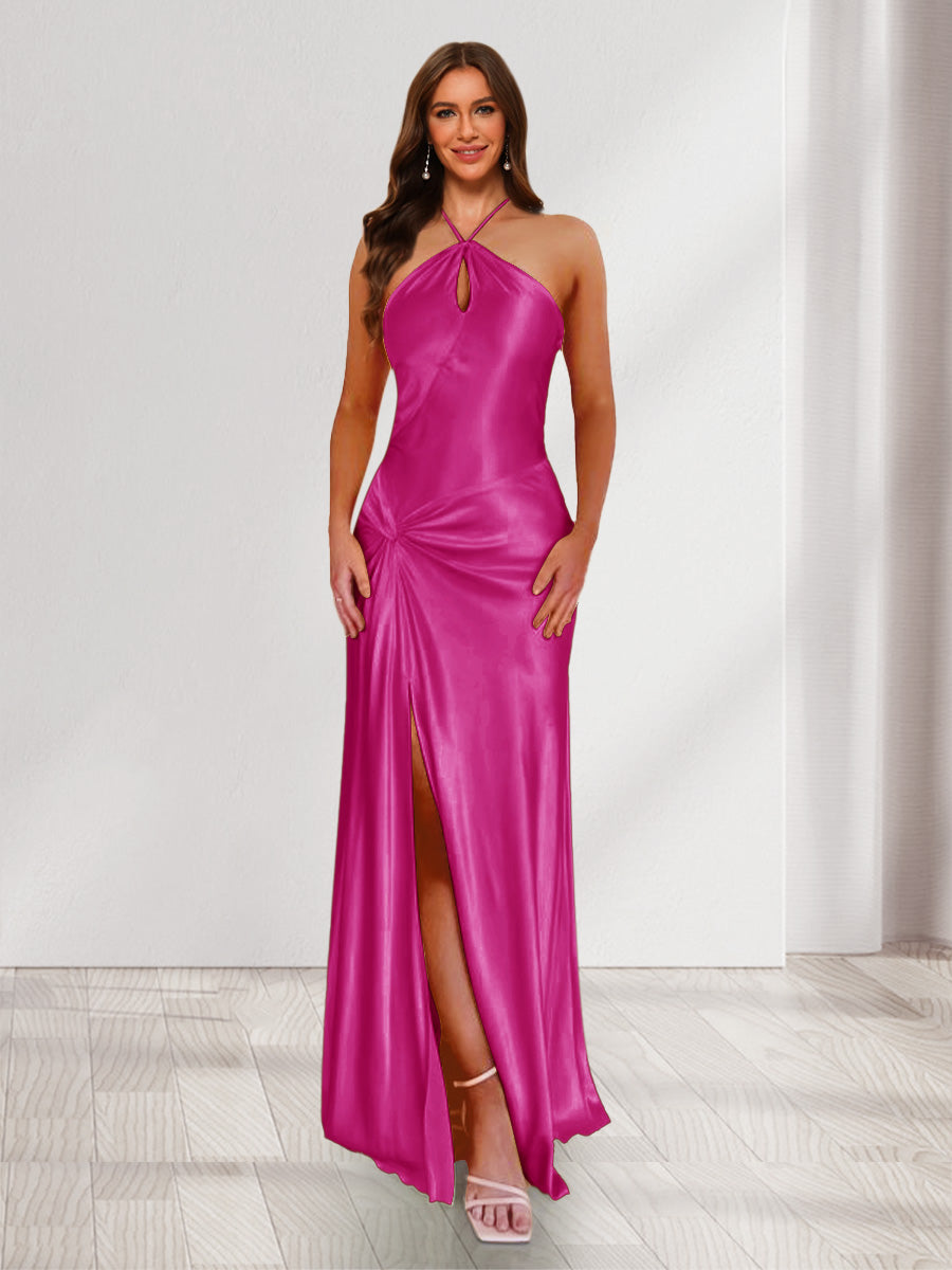 Sheath/Column Halter Keyhole Ruched Long Bridesmaid Dresses with Split Side
