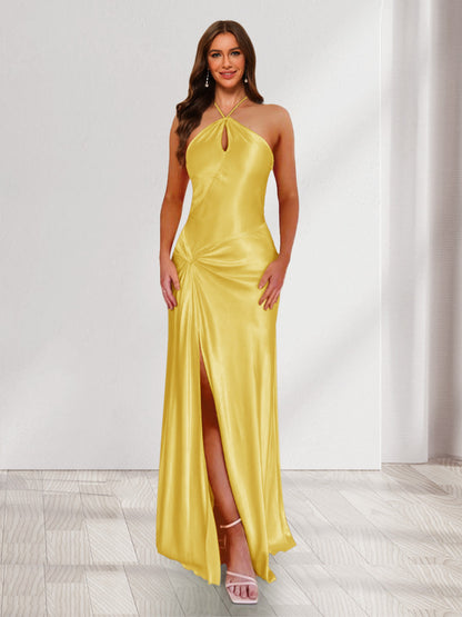 Sheath/Column Halter Keyhole Ruched Long Bridesmaid Dresses with Split Side