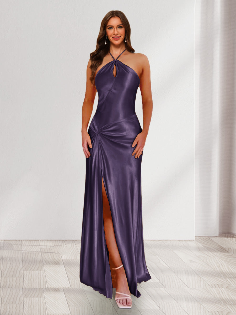 Sheath/Column Halter Keyhole Ruched Long Bridesmaid Dresses with Split Side