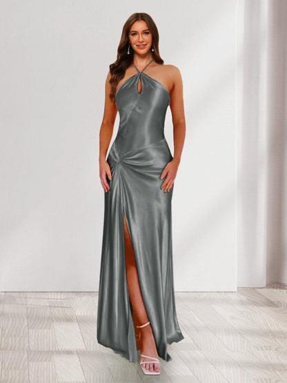 Sheath/Column Halter Keyhole Ruched Long Bridesmaid Dresses with Split Side