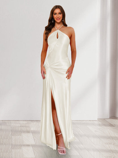 Sheath/Column Halter Keyhole Ruched Long Bridesmaid Dresses with Split Side