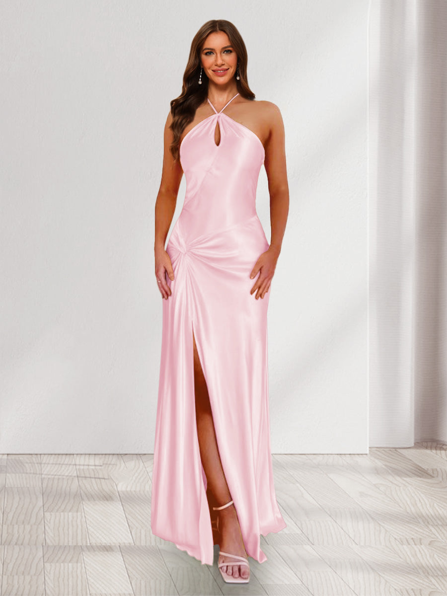 Sheath/Column Halter Keyhole Ruched Long Bridesmaid Dresses with Split Side