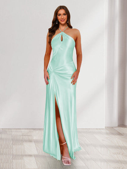 Sheath/Column Halter Keyhole Ruched Long Bridesmaid Dresses with Split Side