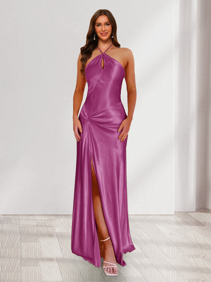 Sheath/Column Halter Keyhole Ruched Long Bridesmaid Dresses with Split Side
