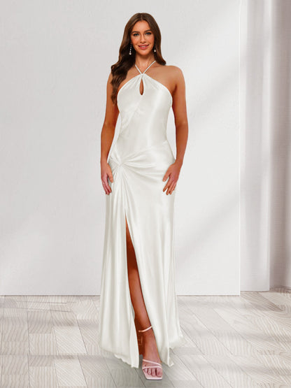 Sheath/Column Halter Keyhole Ruched Long Bridesmaid Dresses with Split Side