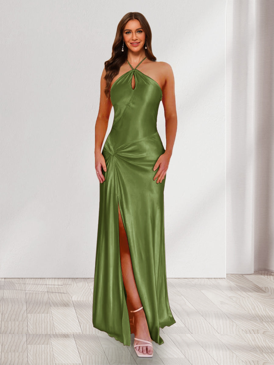 Sheath/Column Halter Keyhole Ruched Long Bridesmaid Dresses with Split Side