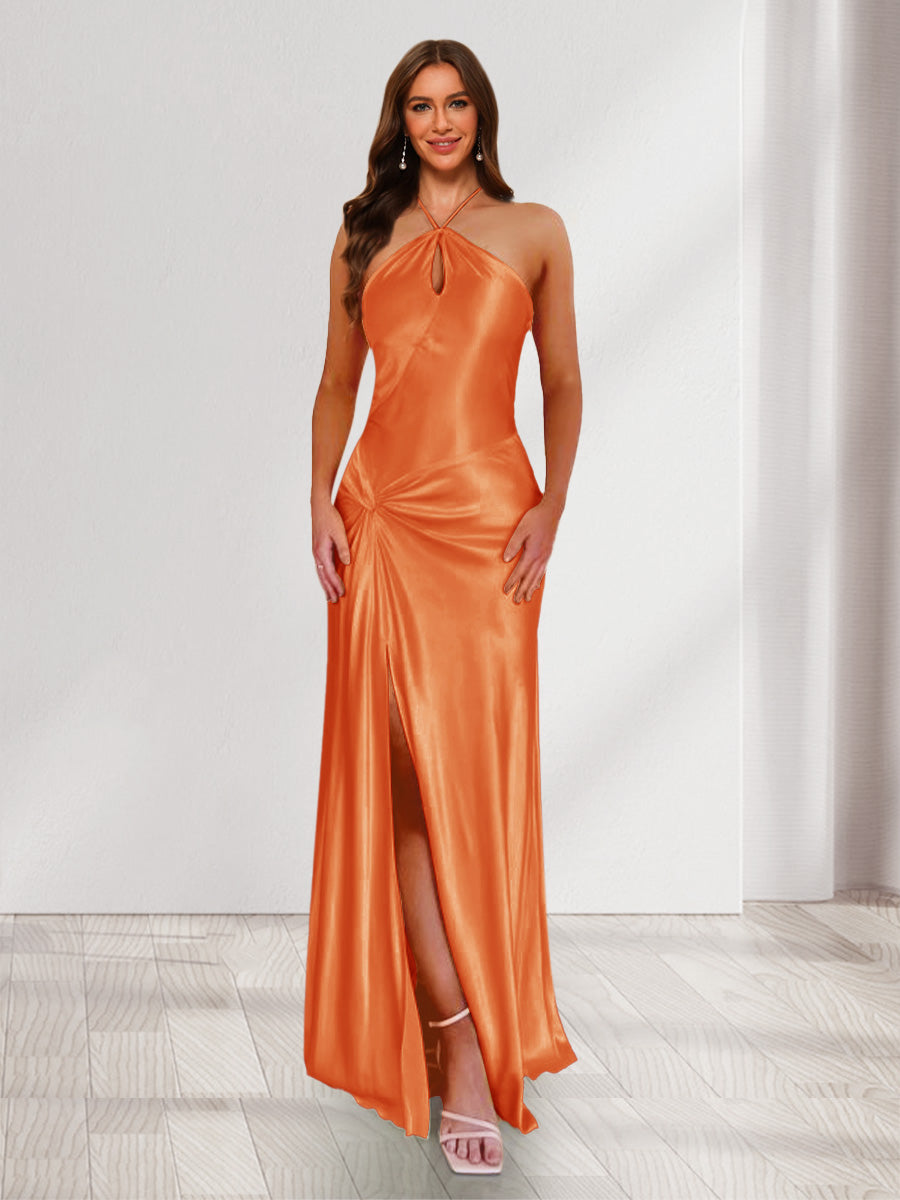 Sheath/Column Halter Keyhole Ruched Long Bridesmaid Dresses with Split Side