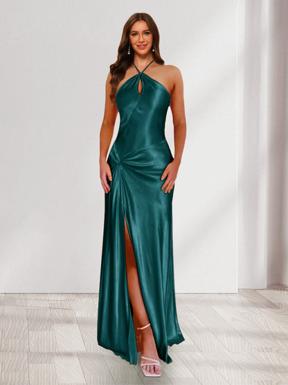 Sheath/Column Halter Keyhole Ruched Long Bridesmaid Dresses with Split Side