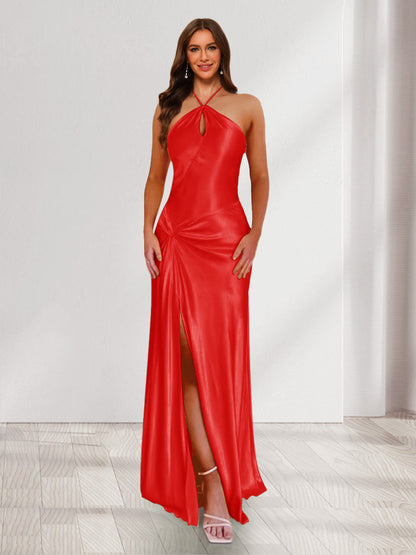 Sheath/Column Halter Keyhole Ruched Long Bridesmaid Dresses with Split Side