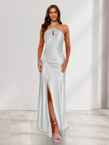 Sheath/Column Halter Keyhole Ruched Long Bridesmaid Dresses with Split Side
