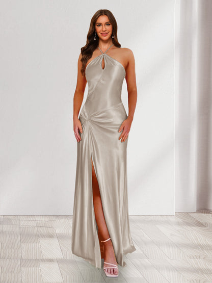Sheath/Column Halter Keyhole Ruched Long Bridesmaid Dresses with Split Side