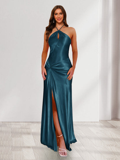 Sheath/Column Halter Keyhole Ruched Long Bridesmaid Dresses with Split Side