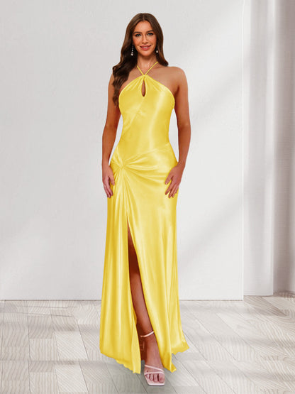 Sheath/Column Halter Keyhole Ruched Long Bridesmaid Dresses with Split Side