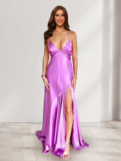 Sheath/Column Straps V-Neck Floor-Length Long Bridesmaid Dresses with Split Side