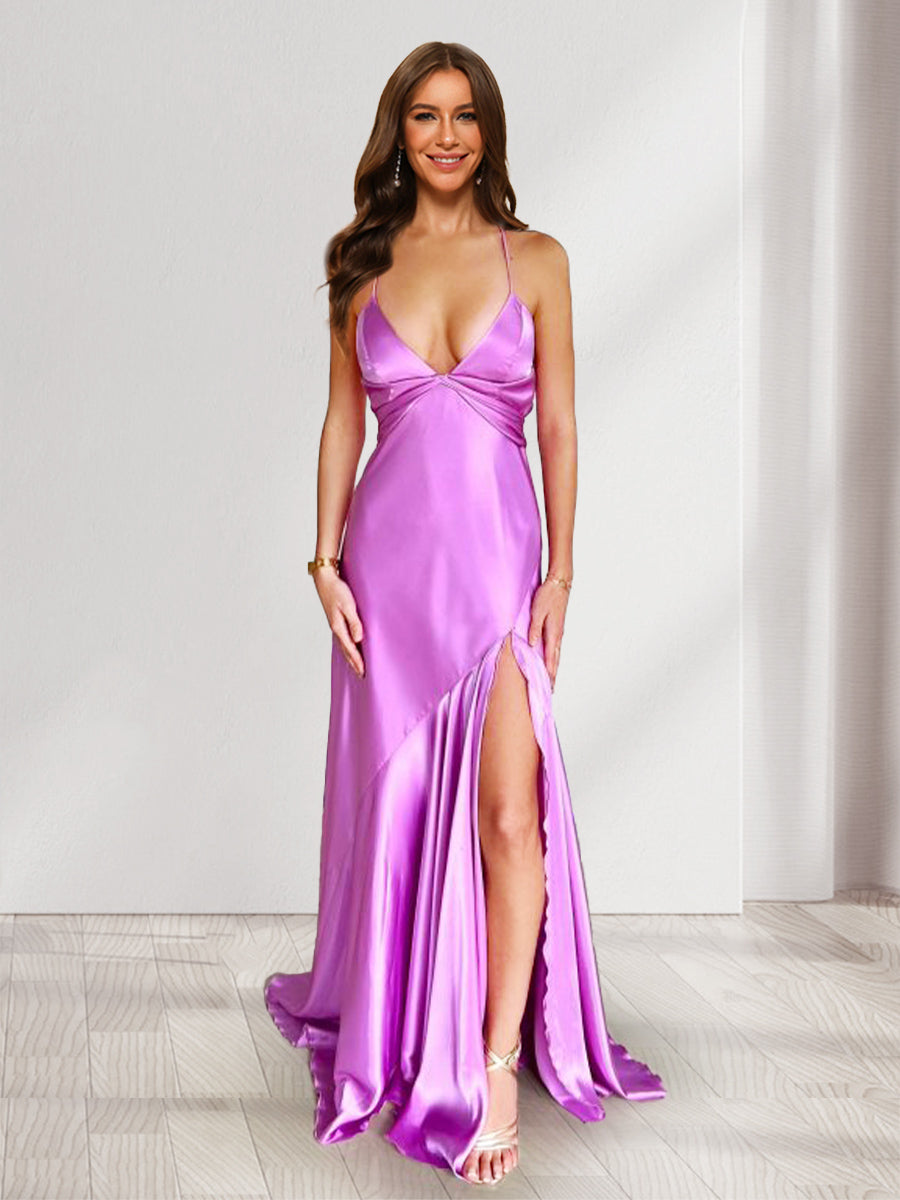 Sheath/Column Straps V-Neck Floor-Length Long Bridesmaid Dresses with Split Side