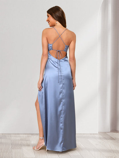 Sheath/Column Spaghetti Straps Pleated Lace-Up Long Bridesmaid Dresses with Split Side