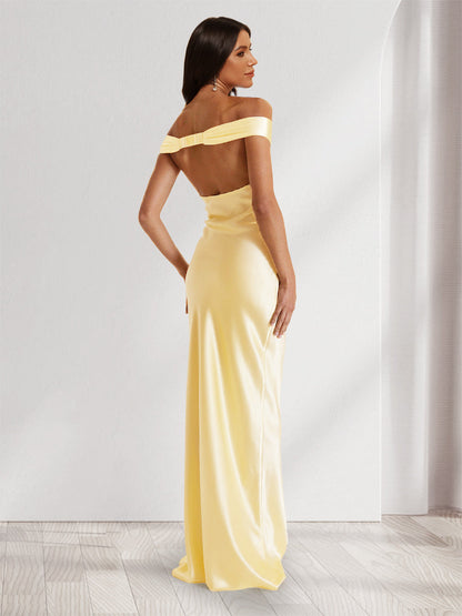Sheath/Column Off-the-Shoulder Backless Floor-Length Long Bridesmaid Dresses