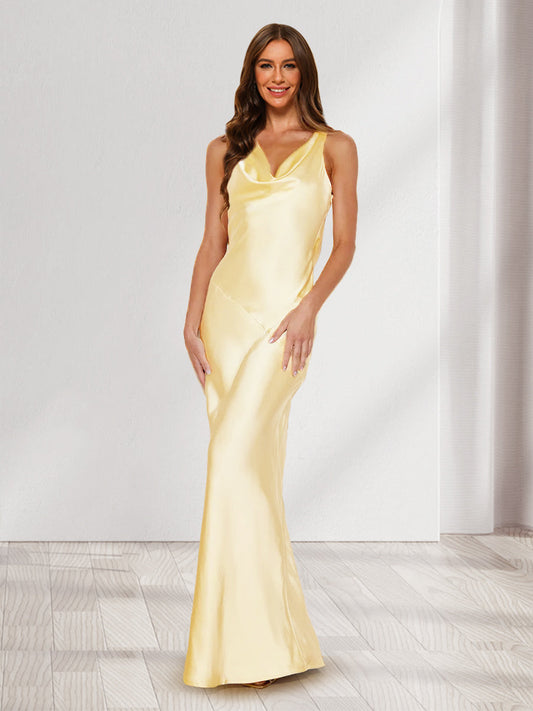 Sheath/Column Cowl Neck Backless Long Bridesmaid Dresses with Tie Straps
