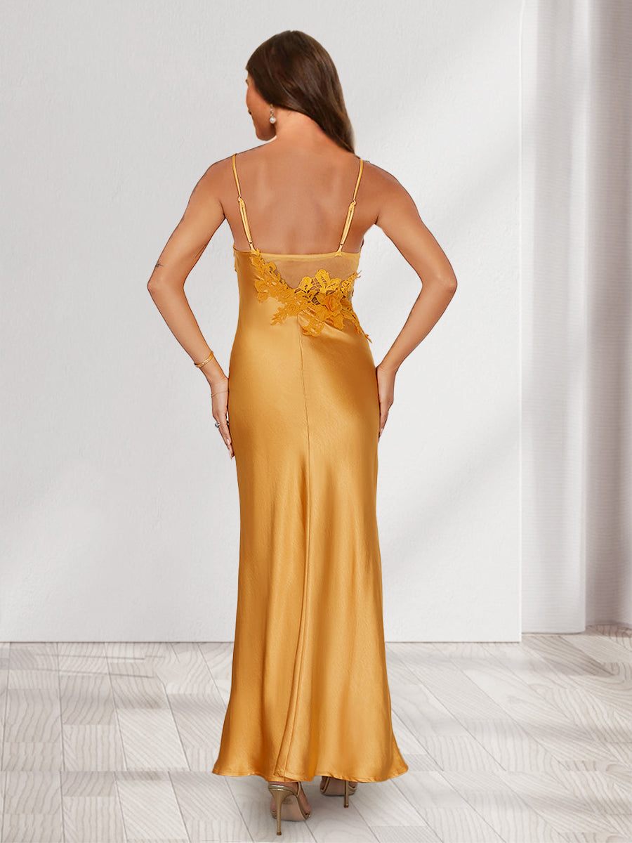 Sheath/Column Fitted Spaghetti Straps Lace Long Bridesmaid Dresses with Split Side