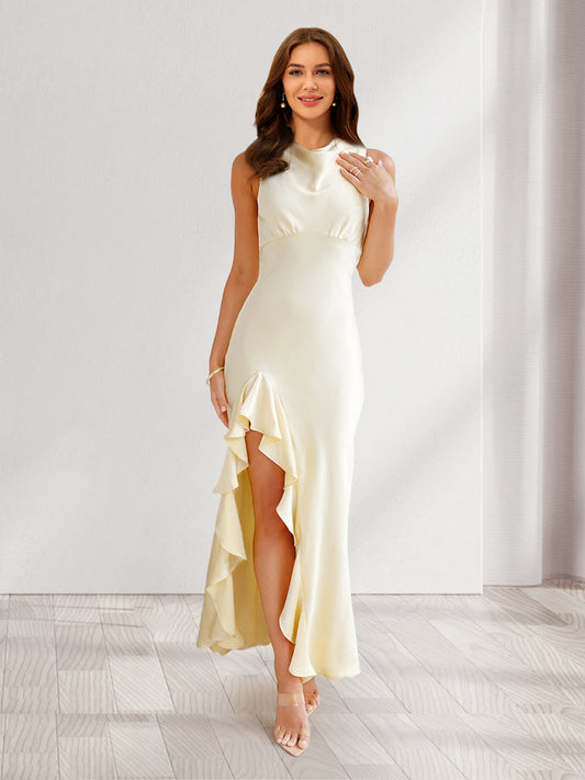 Sheath/Column Cowl Neck Tie Back Slit Long Bridesmaid Dresses with Ruffles