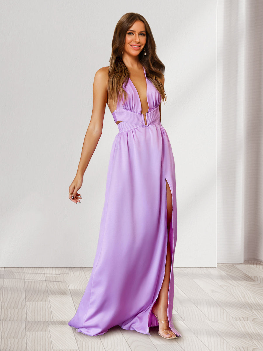 A-Line/Princess Halter Side Cuts Long Bridesmaid Dresses with Slit