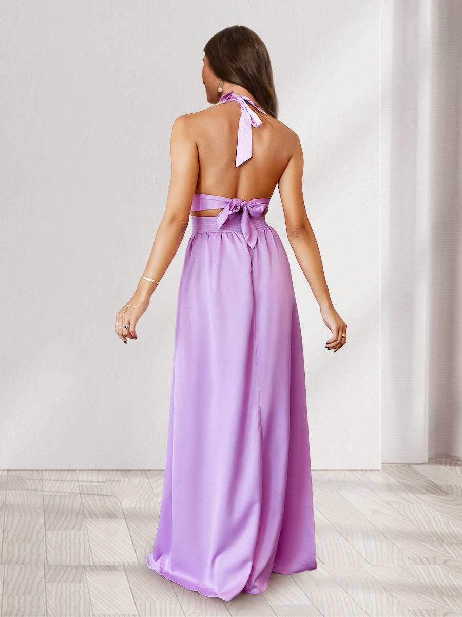 A-Line/Princess Halter Side Cuts Long Bridesmaid Dresses with Slit